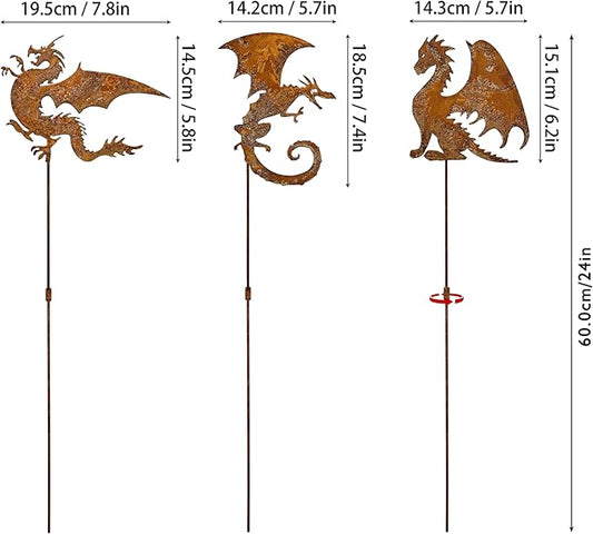 Rusty Fantasy Dragon Garden Stakes Decor, 24 Inch Metal Yard Art Decor, Decorative Garden Stakes Outdoor, Lawn Art Dragons Garden Decorations for outside, Ancient Dragons Garden Statue,Set of 3