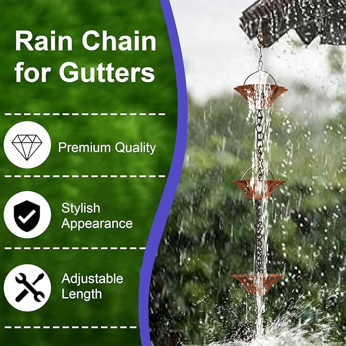 8.5FT Rain Chain for Gutters, Rain Chains for Outside with 12 Lotus Cups, Rustproof Rain Catcher Chain, Replacement for Downspout (Lotus)