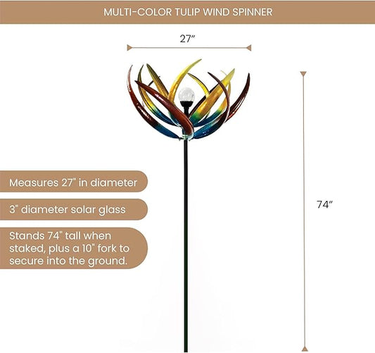 Bits and Pieces Tulip Wind Spinners Outdoor Solar Lighted Metal Wind Spinner, Large Kinetic Garden Sculptures, Crackle Glass Light, Multi-Colored Garden Decor
