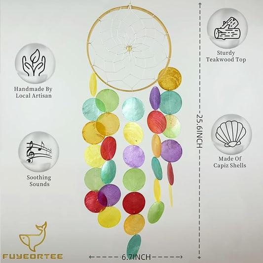 Wind Chimes for Outside Handcrafted Rainbow Dream Catchers Capiz Shells Seashell Sea Glass Arts Windchime Beach Coastal Crafts Garden Decor Gardening for Women Patio Finds