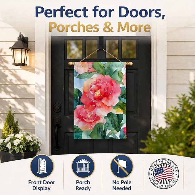 Caroline's Treasures Alabama Camellia in Watercolor House Flag Large Porch Sleeve Pole Decorative Outside Yard Banner Artwork Wall Hanging, Polyester, House Size, Multicolor
