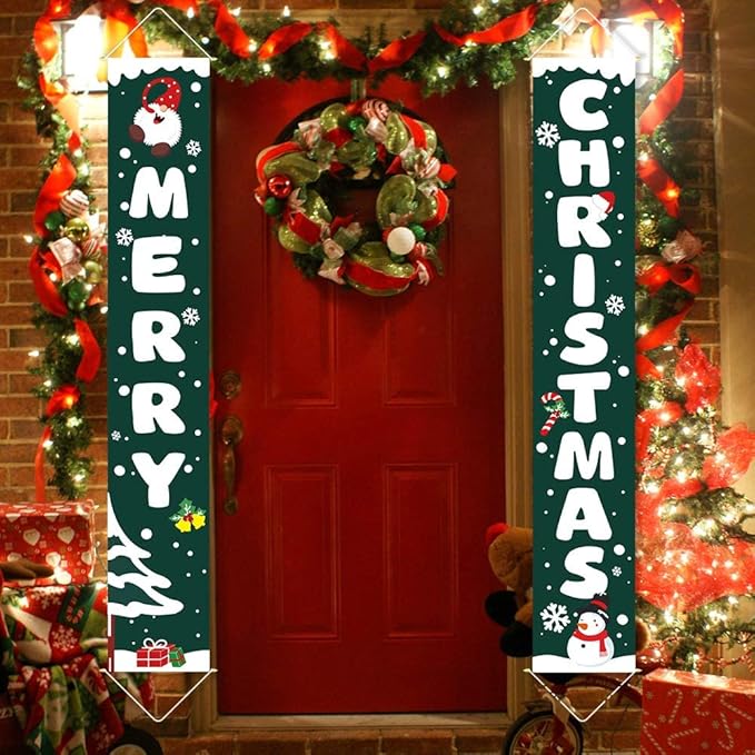 Ivenf Christmas Porch Sign Set Green Banners, Xmas Hanging Decorations for Home Outdoor Indoor Wall Front Door Decor
