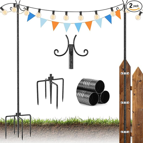 StarryEver 2 Pack Outdoor String Light Poles, Metal Lights Hanging Pole with 2 Hooks and Rustproof, for Patio Garden Deck Backyard Lawn Sunshade and Decor