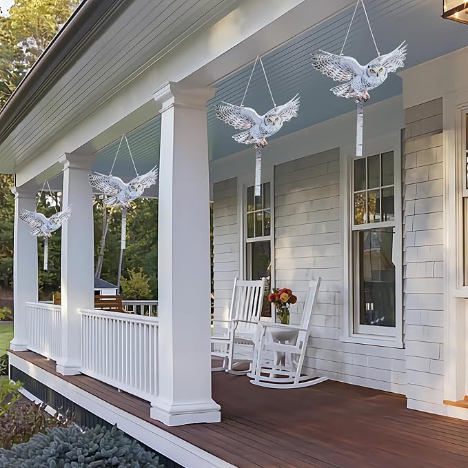 4Pack Plastic Owl Fake Owls, Reflective Owl Hanging Decoration, Barn Swallow Deterrent Dual-Side Printed Raster Fake Hawk for Garden Patio Windows