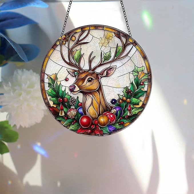 Bimkole Deer Stained Glass Suncatcher Window Hanging - Animal Indoor Window or Doorway Decoration - Handmade Sun Catcher Decor for Garden Home Christmas & Birthday Gifts 7.87x7.87 inch
