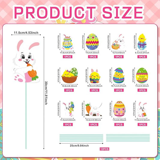 Cinrobiye 12Pcs Easter Planter Stakes Flower Pot Signs 5.9Inches Bunny Chick Jesus Egg Garden Stake Outdoor Lawn for Easter Party Patio Yard Outside Greetings Home Farmhouse Decor