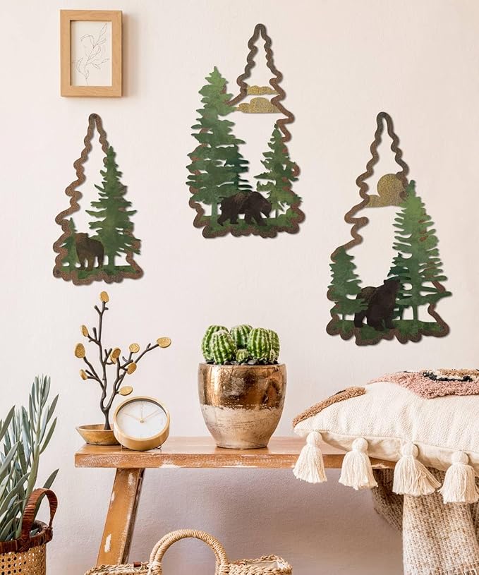 Putuo Decor 3PCS Bear Pine Tree Wall Decor, Woodland Wildlife Wall Art Forest Poster Tree Wall Decoration Artwork for Living Room Bedroom Bathroom Cabin Home Decorations