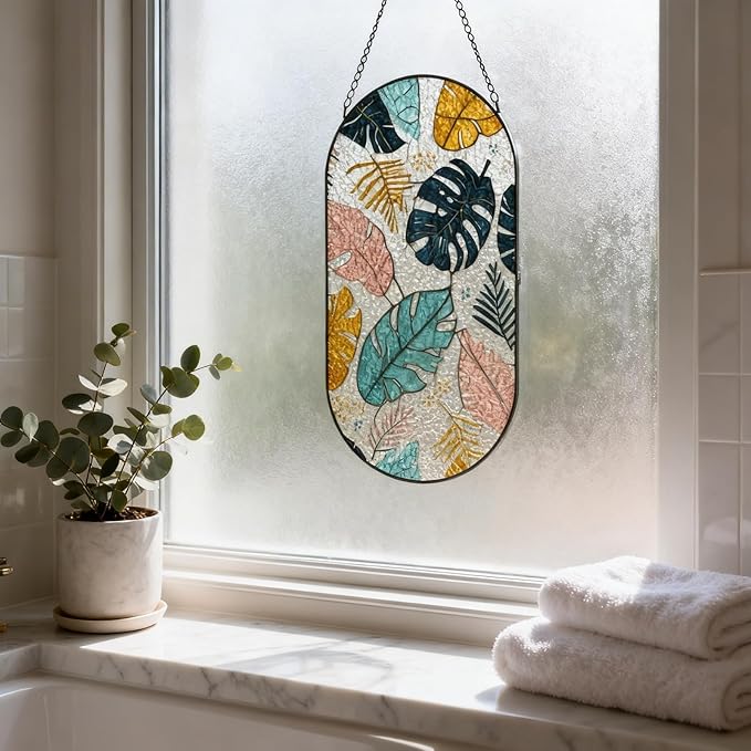 Stained Glass Window Hanging, Tropical Monstera Leaves Sun Catcher for Wall Door Home Entryway Garden Art Office Decor, Gifts for Women, Men, Wife, Mom, Birthday, Holiday