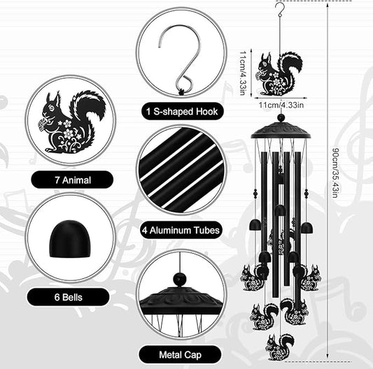 Squirrel Wind Chimes for Outside Metal Animal Windchimes Squirrel Sympathy Gifts for Women Men Birthday Garden Decor for Patio Yard Memorial Black