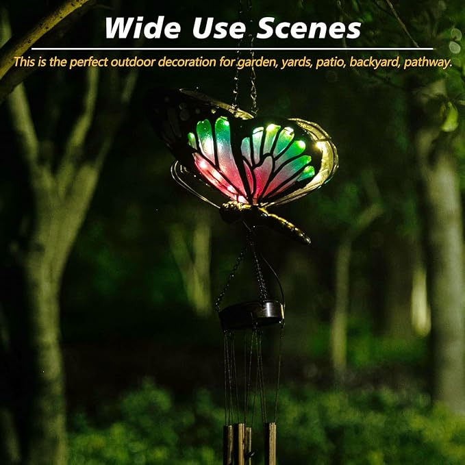 Asense Hanging Wind Chimes for Outside, Solar Powered LED Lights Butterfly Wind Chime, Outdoor Garden Lawn Yard Patio Decoration, Unique Decor Gifts