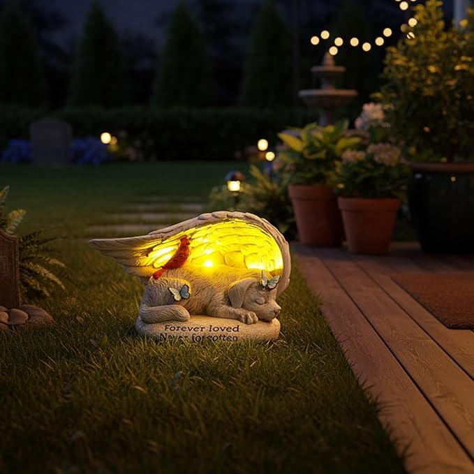 Dog Memorial Stone with Solar Lights Angel Wings Cardinal Butterfly 8 Inch, Pet Grave Markers Sleeping Statue Pet Loss Sympathy Gift Waterproof Resin for Outdoor Cemetery Garden Decor