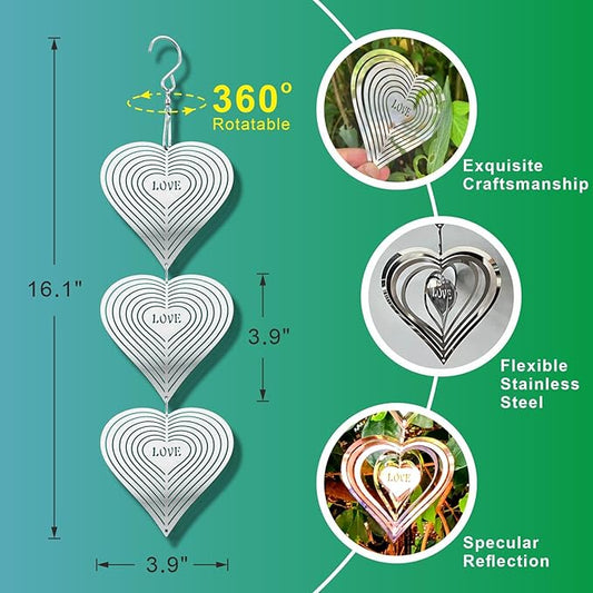 Shiny Metal Bird Reflectors Wind Spinners 360° Wind-Spinning Quiet Reflective Bird Deterrent Decor for Small Yard Orchard Bird-Prone Areas (Heart-Shaped/Silver / 9 Pcs / 3 Set)