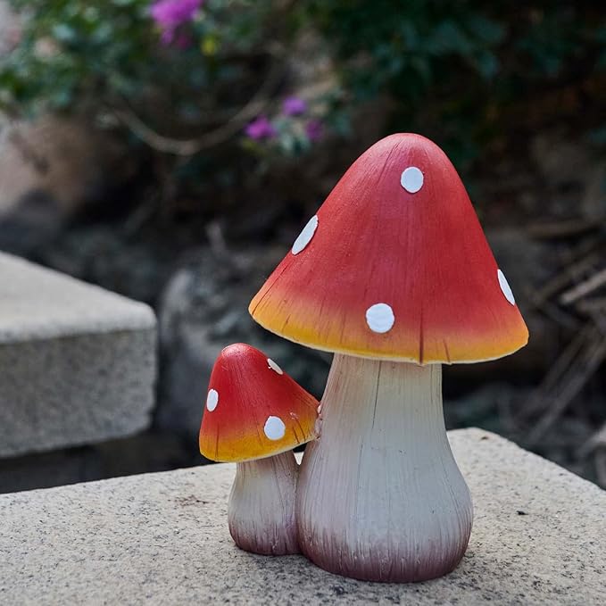 Mushroom Decor Fairy Garden Accessories - Outdoor Garden Decor Mushrooms Ornament for Garden Decoration Garden Gnome's Favorite Mushroom Statues (8" Red)