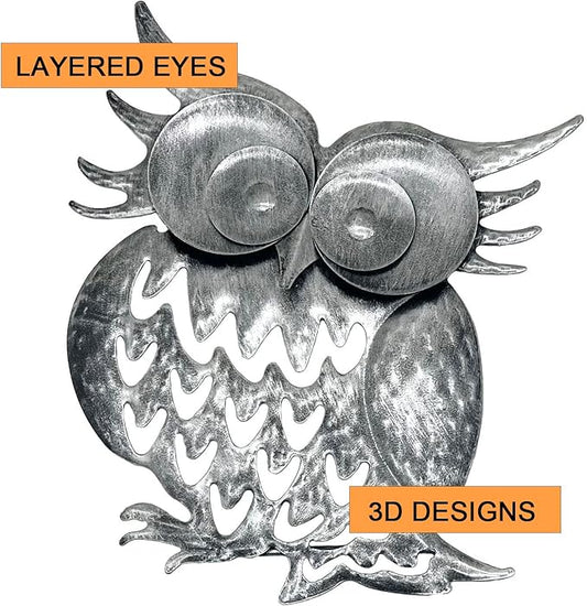 Pack of 2 Metal Owl Garden Statues Silver Silhouette Stakes Decorative Outdoor Animal Sculptures for Yard Decor and Lawn Ornaments