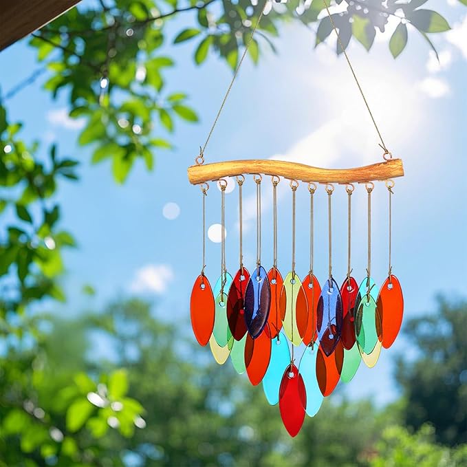 Color Leave Glass Wind Chimes for Outside, Fall Leaves Windcmes Outdoors Unique Suncatcher, Small Sea Glass Art Wind Chimes Outdoor Gifts for Women, Hanging Outdoor Garden Christmas Decoration Gift