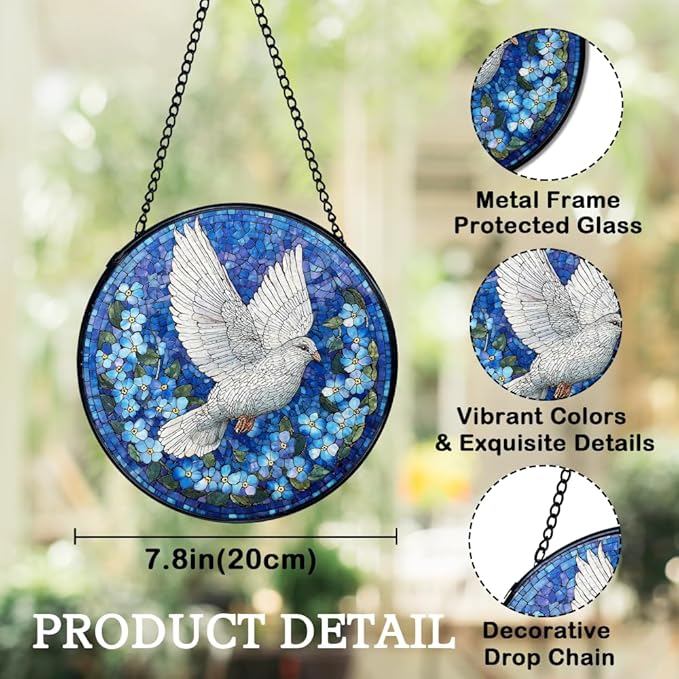 White Dove Bird Suncatchers Stained Glass Window Hanging, Forget Me Not Flower Pigeon Sun Catchers Indoor Window Glass Round Wall Decor, Bird Floral Wall Hanging Decorations, 7.9x7.9in
