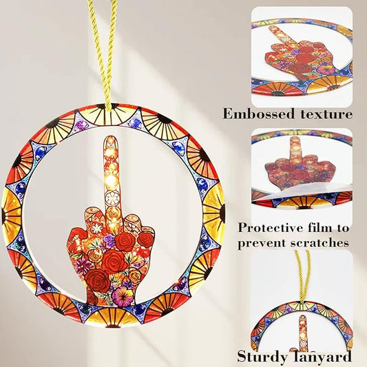 Middle Finger Suncatcher Color Stained Glass Window Hanging, Handmade Acrylic Funny Light Sun Catcher Indoor Outdoor Wall Hanger Ornament, Hand-Painted Glass Panel Decor for Home Office (E)