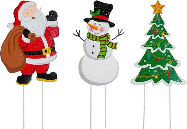Glitzhome Metal Christmas Santa Snowman Tree Stake 3 Pack Outdoor Yard Holiday Décor, 24" H, Multicolor