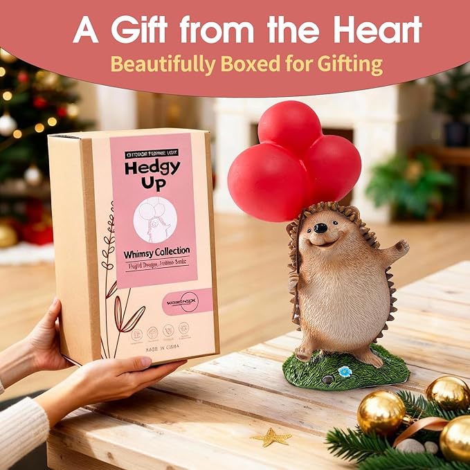 WHIMSYNOOK Hedgehog Figurine with Balloon – Solar LED Garden Statue & Whimsical Gift Décor, 10.4" Resin Cute Animal Light for Porch, Lawn, Yard, Housewarming, or Birthday