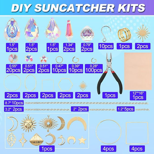 HYBEADS 200 pcs DIY Sun Catchers Making Kits Craft for Adults Crystal Suncatchers Supplies Stained Glass Window Hanging Prism Indoor Outdoor Garden Xmas Decor with Rainbow Maker Pendants Chains