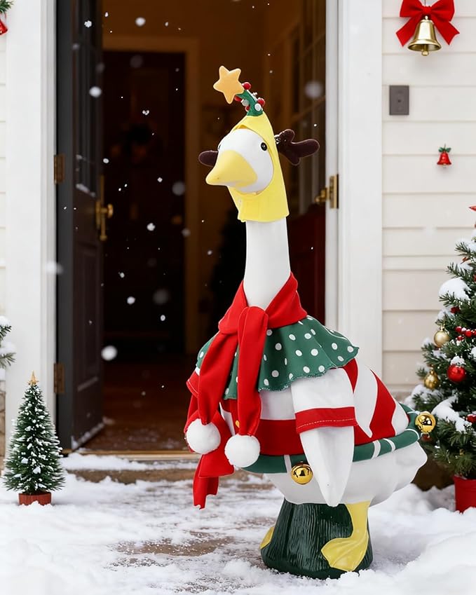 Christmas Porch Goose Outfit, 23" Cement or Plastic Goose Statue Costume, Porch Goose Outfits for Patio, Yard & Garden, Cozy Holiday Décor Adds Cheer with Jingling Bells