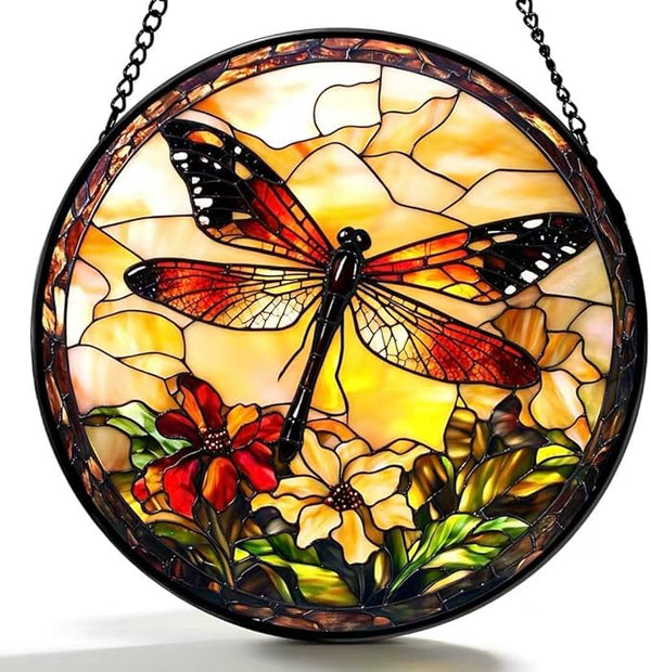 Stained Glass Window Hanging - A Dragonfly is Docked in The Garden 6.3 Inches Suncatcher for Garden Home Decor for Women Mon Grandma Friends