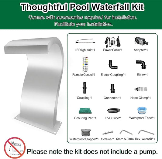 LONGRUN S-Shaped Waterfall Spillway Stainless Steel Swimming Pool Fountain, RF & APP Controled LED Light Outdoor Pond Waterfalls Kit for Garden Patio Swimming Pool Koi Ponds Decoration -20.2" Height