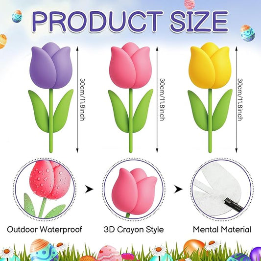 DoubleFill 3 Pcs Easter Decorations Outdoor 3D Metal Easter Eggs Tulip Yard Signs Decorative Garden Stakes Eggs Bunny Lawn Decorations Yard Decor for Spring Lawn Pathway Garden(Tulip Style)
