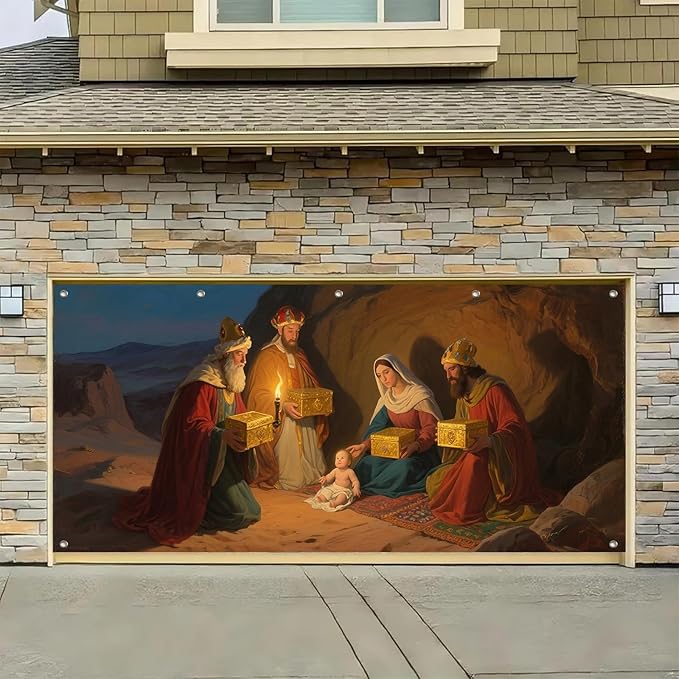 HOMETITUTE 13x6ft Three Wise Men Nativity Scene Garage Door Banner Baby Jesus Mary Polyester Large Outdoor Xmas Decoration for Holiday Party Winter Yard Home School Church Community Display