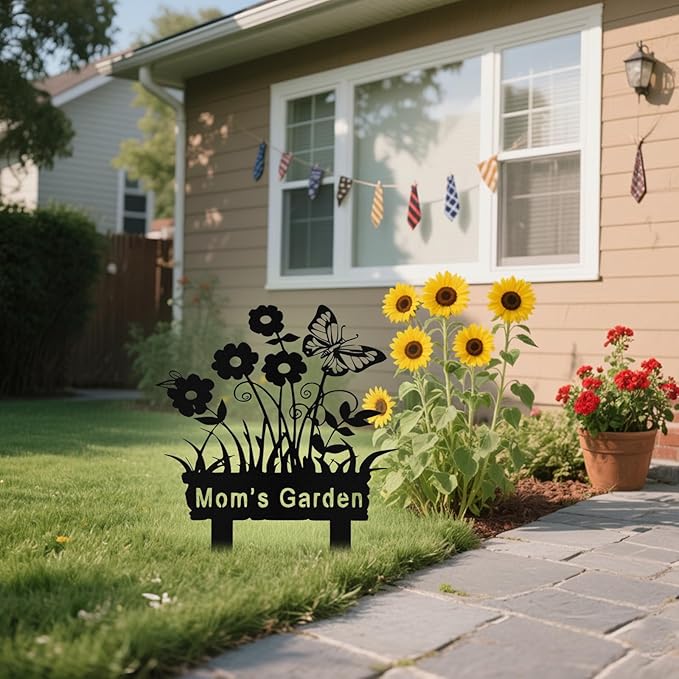 Personalized Metal Flowers Garden Signs with Stake, Custom Garden Signs for Outside Waterproof, Customized Name Sign Yard Lawn Gardens Decor Gardening Gifts for Moms Grandmas Gardeners