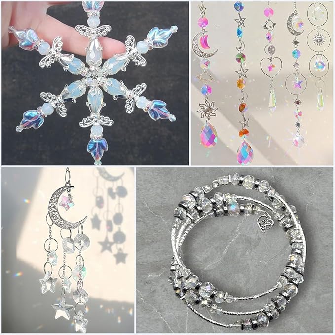 SUNNYCLUE 525Pcs Lamp Crystals Prisms Suncatcher Prism Rainbow Maker Glass Rondelle Heart Butterfly Bead Charms Chandelier Crystal Beads Hanging Ornament for Home Room Indoor Windows Lamp Decoration