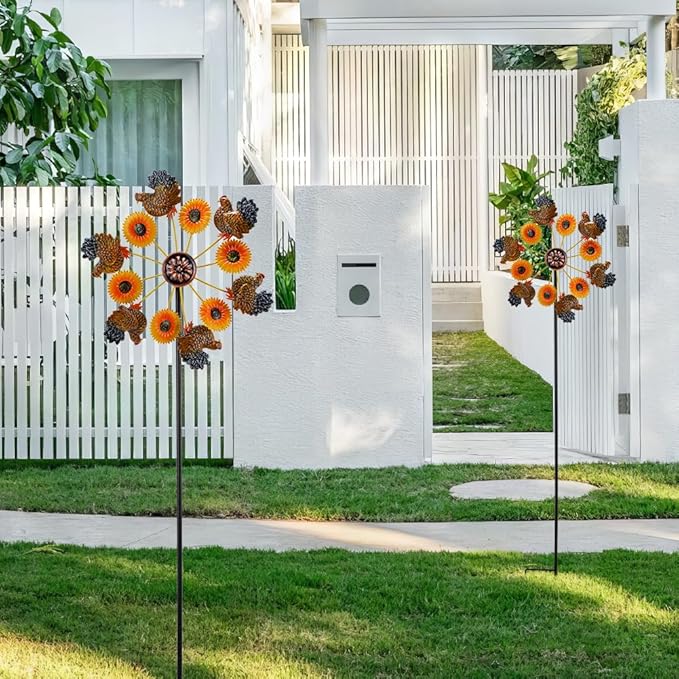 VEWOGARDEN 2PCS Wind Spinners Outdoor, Metal Wind Spinners with Sunflower and Hen Design for Yard Garden Lawn Thanksgiving Decorations