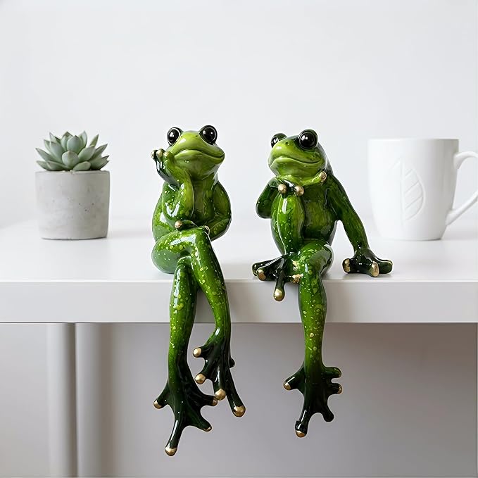 Angoily Frog Statue, 2 Pcs Resin Animal Figurine for Outdoor Garden Decor, 6.3" Funny Edge Sitter Sculpture for Lawn Patio Yard Pond Shelf, Table Art Turtle Garden Decor