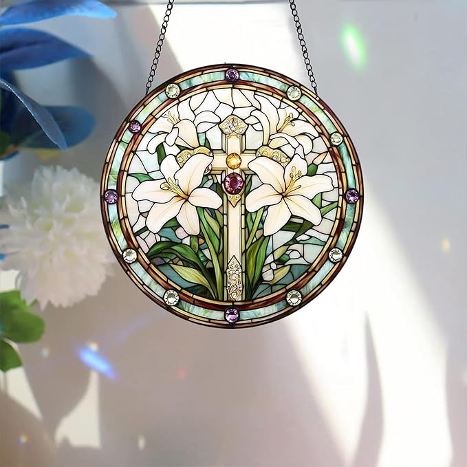 Bimkole Lily Stained Glass Suncatcher Window Hanging - Cross Indoor Window or Doorway Decoration - Handmade Sun Catcher Decor for Garden Home Christmas & Birthday Gifts 7.87x7.87 inch