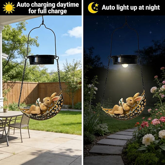 Solar Rabbit Light Outdoor Statues, Waterproof Hanging Animal Figurine with Hook for Yard Garden Wall Balcony Tree Decoration, Garden Statues Lawn Ornaments for Outside Art Outdoor(1 Pack Rabbit)
