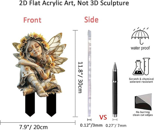 Flower Fairy Garden Stake Decor, 2D Flat Acrylic Elf Garden Sign with Stake, Fairy with Magic Sign for Indoor Outdoor Yard Lawn Balcony Pot Plants (Sunflower Fairy)