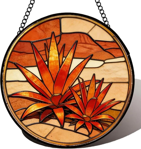 Stained Glass Window Hanging Golden Agave Suncatcher 8 Inch,Agave Plant Glass Art Desert Home Decor, Indoor Outdoor Wall Art, Birthday for Women Men
