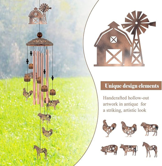 Farmhouse Decor Wind Chimes, Chicken Wind Chime Gift for Women Men, 35" Vintage Metal Farm Animal Windmill & Barn Decor for Home, Outdoor Garden Patio