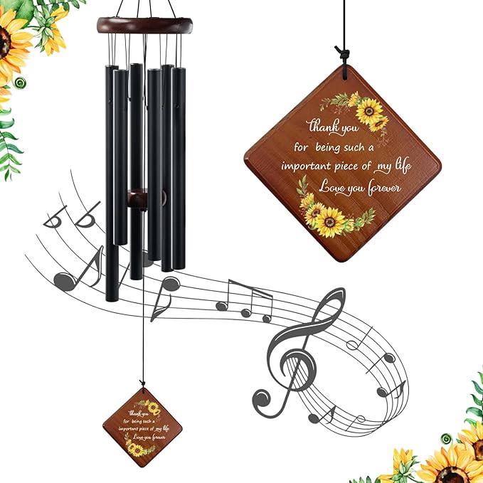 Sunflower Wind Chime with Thank You Quote Important Piece of My Life, Memorial Gift for Mom, Dad, Teacher, Friend or Farewells, 36" Outdoor Sympathy Chimes for Remembrance & Comfort