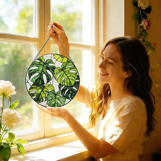 Stained Glass Window Hanging, 8 Inch Monstera Plant Suncatcher, Sun Catchers Indoor Window, Tropical Leaf Suncatchers for Windows Hanging, Spring Home Garden Decor Panel Plant Lover Gift for Women Mom