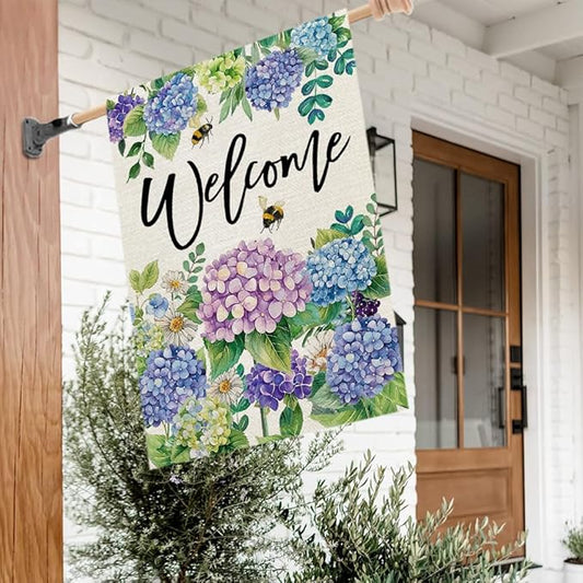 CROWNED BEAUTY Spring House Flag Floral Hydrangea Double Sided 28x40 Inches Large Burlap Welcome Holiday Seasonal Yard Decoration for Outside Porch CF1751-40