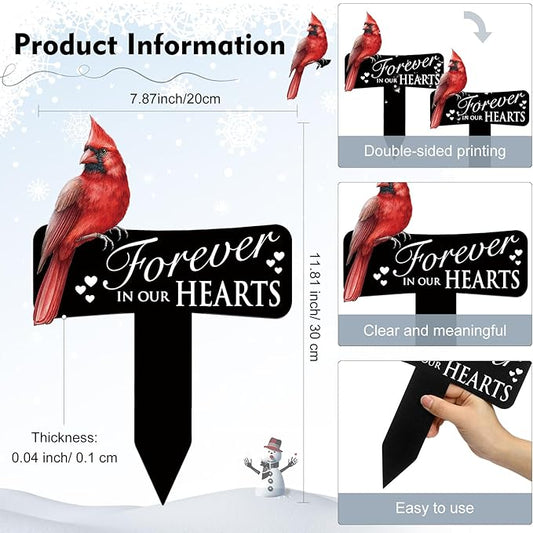 Hicarer Cardinals Grave Markers Cardinals Memorial Gift Metal Sympathy Stakes for Cemetery Memorial, Garden Yard, 11.8 x 7.87 Inch(Forever in Our Hearts)