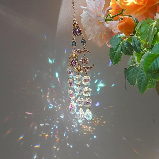 Rhinestones Sun Catchers for Window Hanging - Moon Crystal Suncatcher for Car Mirror Indoor Outdoor Garden Decor - Rainbow Maker