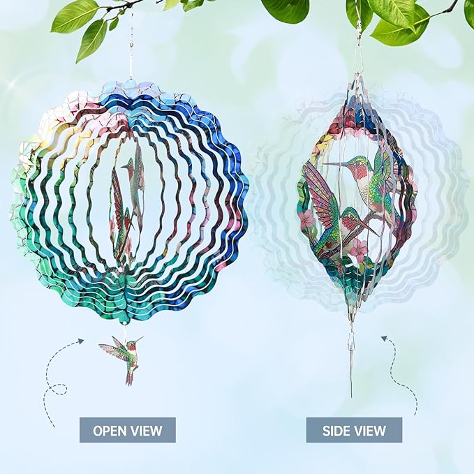 Hummingbird Wind Spinners Outdoor, IDEA SHOW 12In Stainless Steel Wind Spinners Outside, 3D Kinetic Hanging Spinners Sculpture for Women Mom, Metal Garden Decor Ornaments for Patio Yard Art