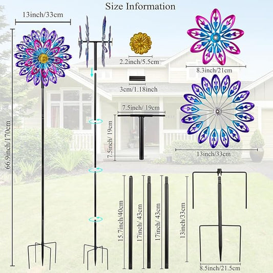 360°Metal Wind Spinner Outdoor,4 Layers Kinetic Wind Sculptures & Spinners with 5-Prond Metal Stake for Yard Patio Lawn Garden Decor