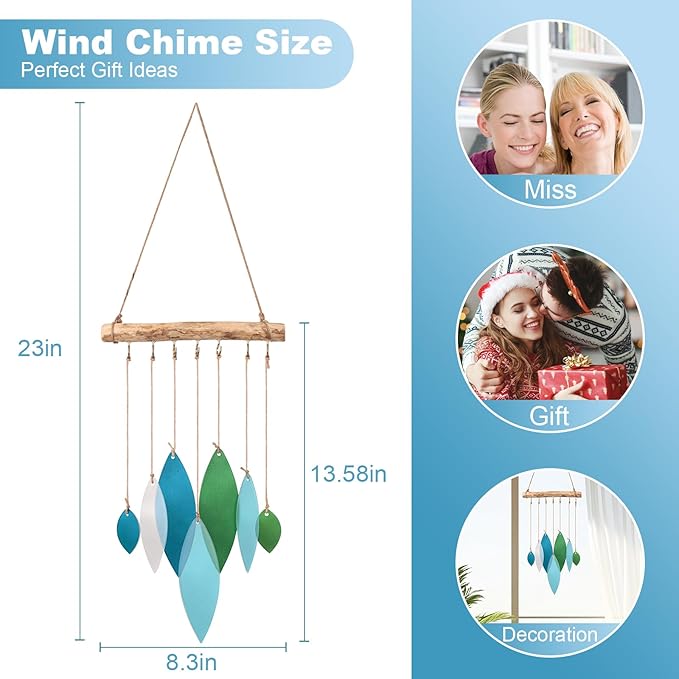 Sea Glass Wind Chimes Art Decor - Stained Glass Suncatcher Window Hanging, Driftwood Hand Crafted Design Beach Wind Chimes - Patio Garden Yard Decor Home Decor (Blue & Green)