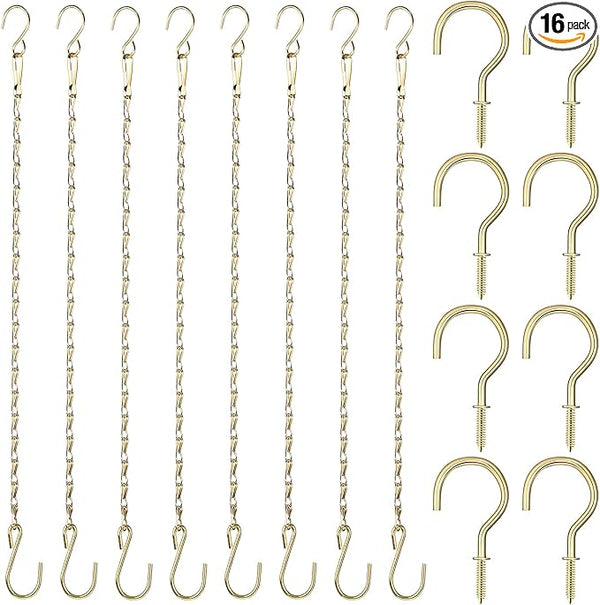 Hotop 8 Pcs Metal Hanging Chains with Ceiling Hooks, Garden Plant Hangers for Hanging Bird Feeders, Billboards, Chalkboards, Basket, Planters, Lanterns, Wind Chimes, Chain Hook DIY(16.38 Inch,Gold)