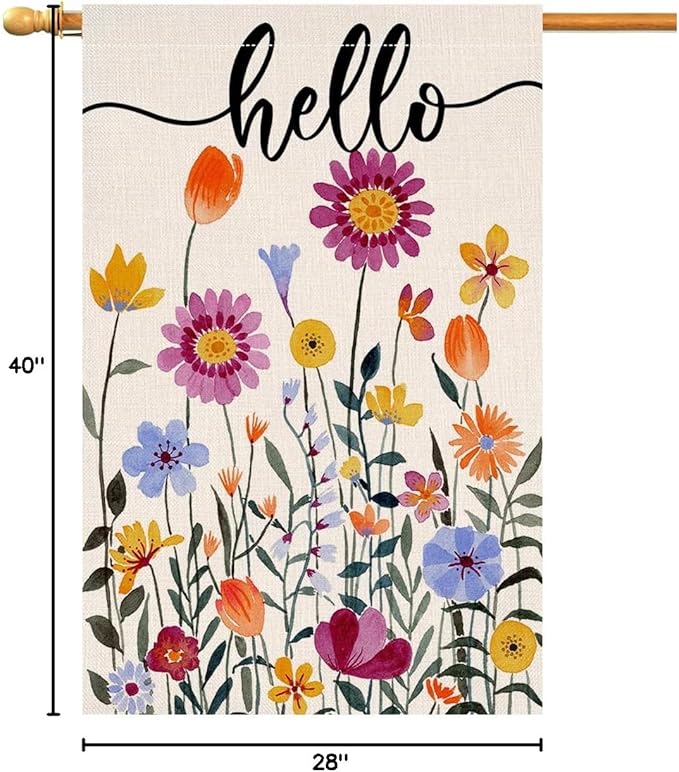 Hello Spring Floral House Flag 28 x 40 Vertical Double Sided Colorful Flowers Summer Farmhouse Holiday Outside Decorations Burlap Yard Flag BW257-40