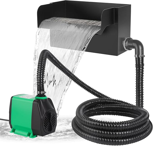 All-in-One Pond Waterfall Spillway Kit – 12” 304 Stainless Steel Waterfall Box with Ultra-Quiet 660GPH Pump, 10FT Tubing, Filter & Accessories for Outdoor Garden, Pool, Backyard Ponds