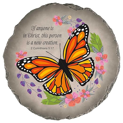Magnolia Garden 10-Inch 2 Corinthians 5:17 Monarch Butterfly Stepping Stone – New Creation Scripture Resin Garden Tile – Religious Floral Outdoor Accent